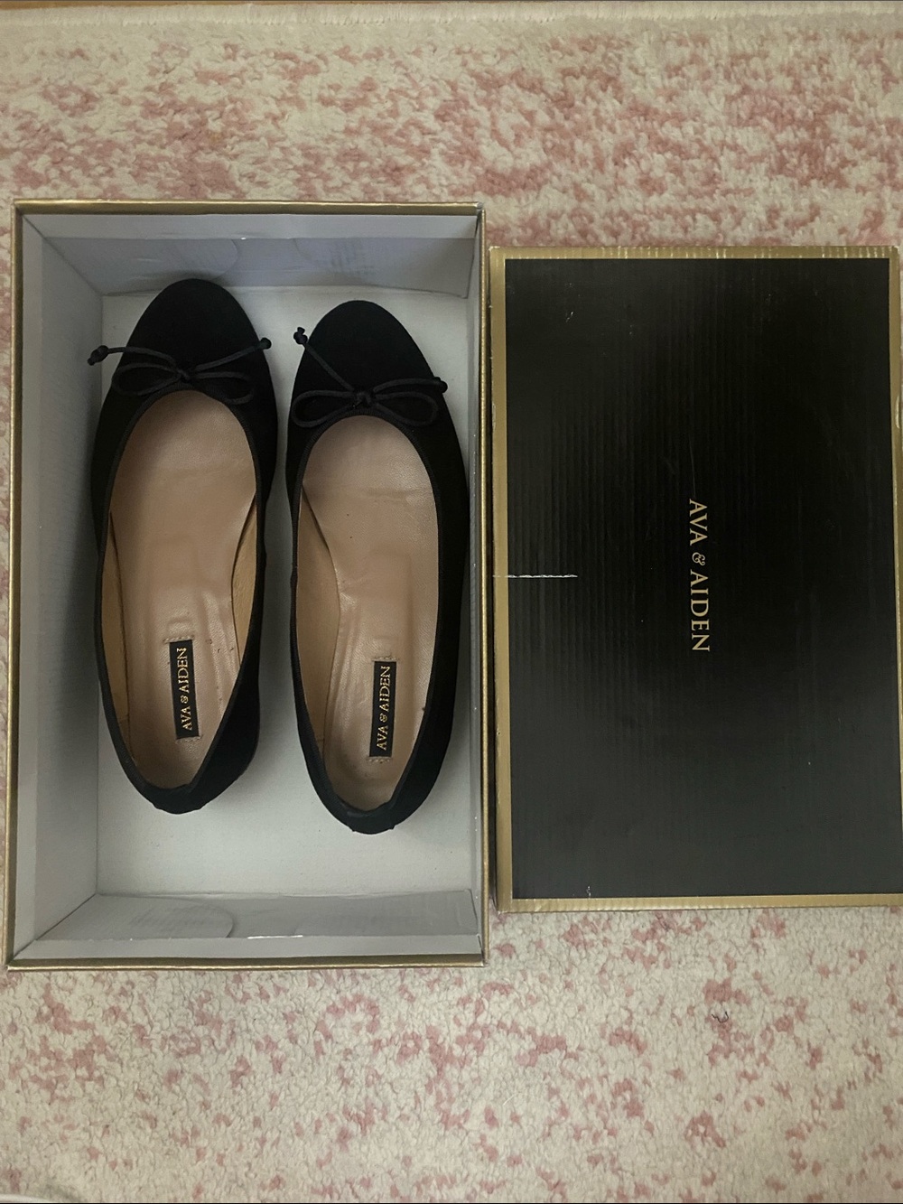 Ava & Aiden Black Suede Ballet Flats with Bow Trim